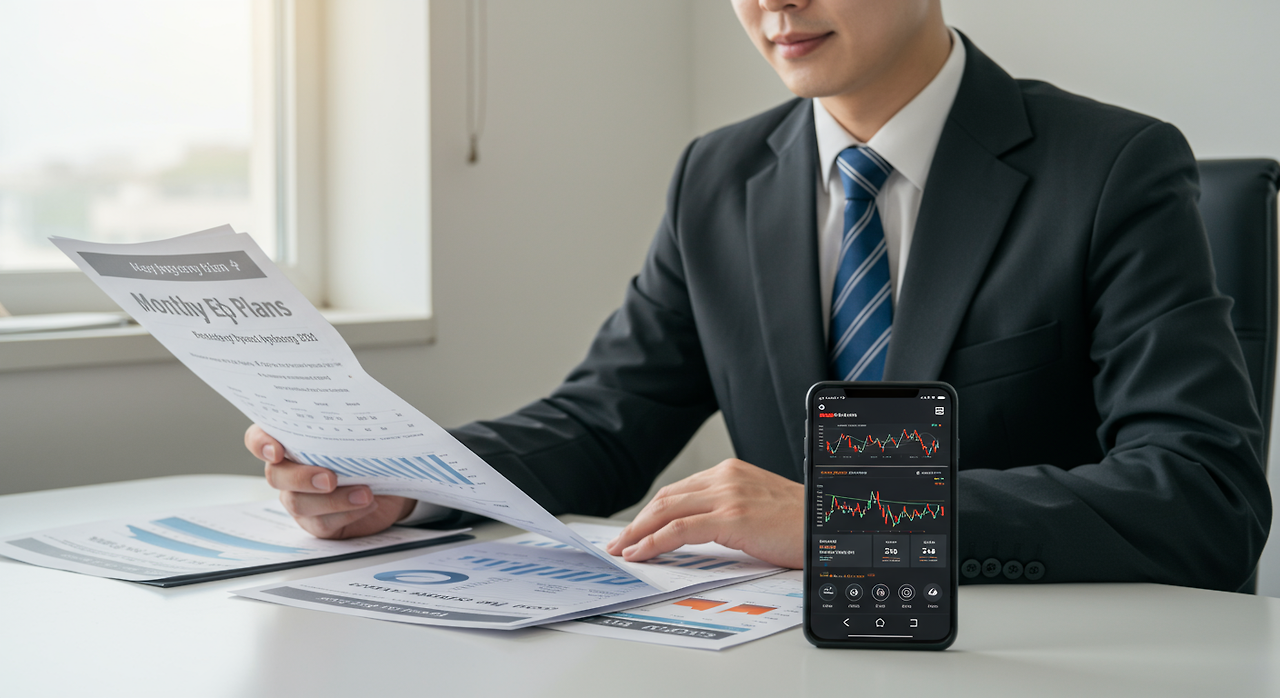 책상에 앉아 금융 계획을 세우며 스마트폰으로 암호화폐를 확인하는 직장인의 모습