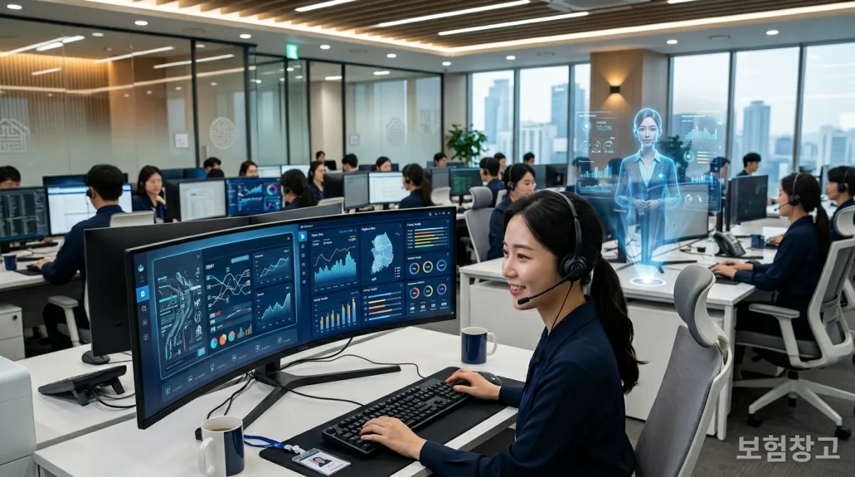 AI 기술이 도입된 한국 보험회사의 현대적인 사무실 풍경