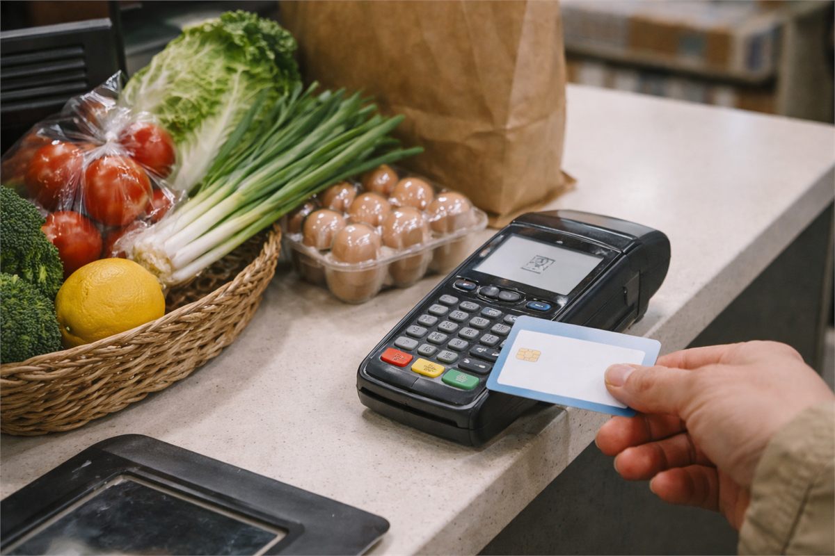 동네 가게 계산대에서 카드 결제를 준비하는 손과 결제 단말기 장면 