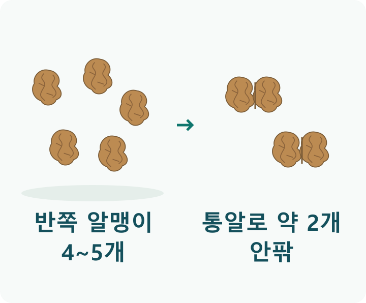 호두 반쪽 알맹이 다섯 개와 통알 두 개를 나란히 그려 10g 안팎의 분량을 개수로 가늠하는 그림