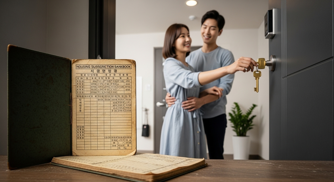 An old housing subscription bankbook lying on the floor, while a young couple holding a golden key is opening the apartment front door and entering.