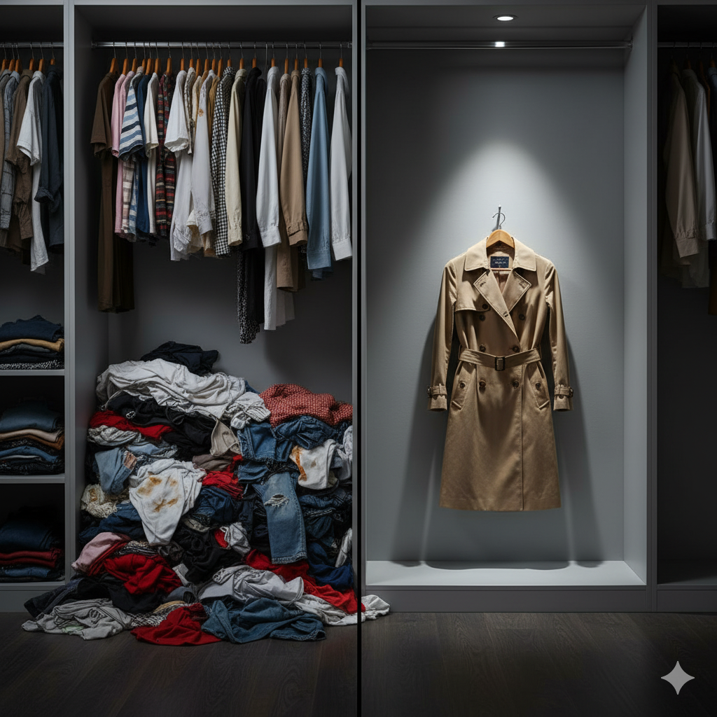 YONO 트렌드를 상징하는, 많은 옷과 대비되는 단 하나의 고품질 코트.