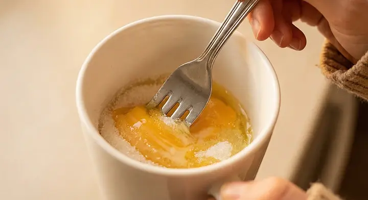 머그컵 안에서 포크로 계란과 설탕을 섞는 과정 사진