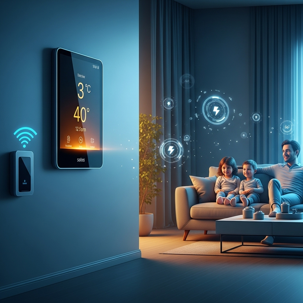 2025년 미래형 거실에서 스마트 온도 조절기로 난방비를 절약하며 편안하게 쉬는 가족의 모습, 에너지 절약 기술과 쾌적함을 강조