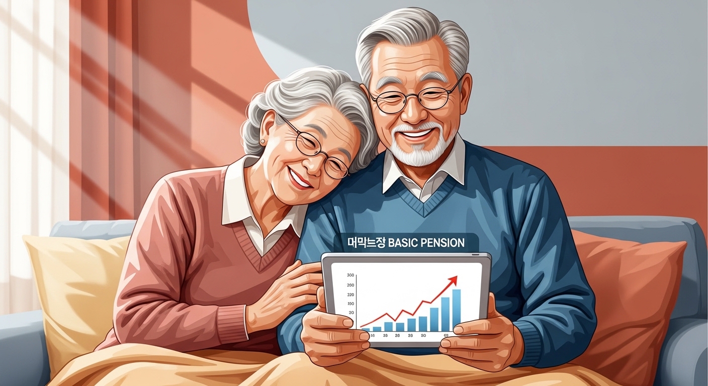 웃고 있는 노년 한국인 부부가 태블릿에서 상승 그래프를 보며 기초연금 인상을 기뻐하는 모습.