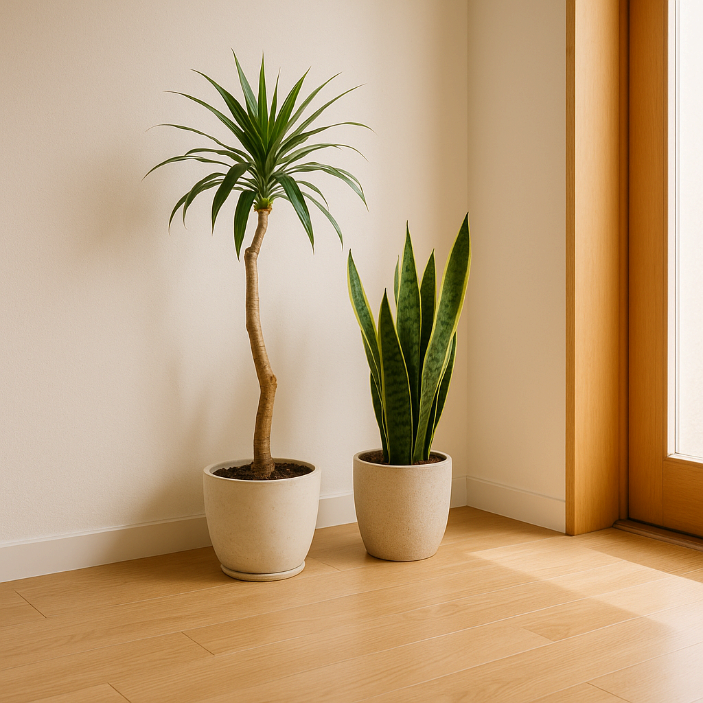 현관 입구에 행운목과 산세베리아 화분이 놓여 있는 모습