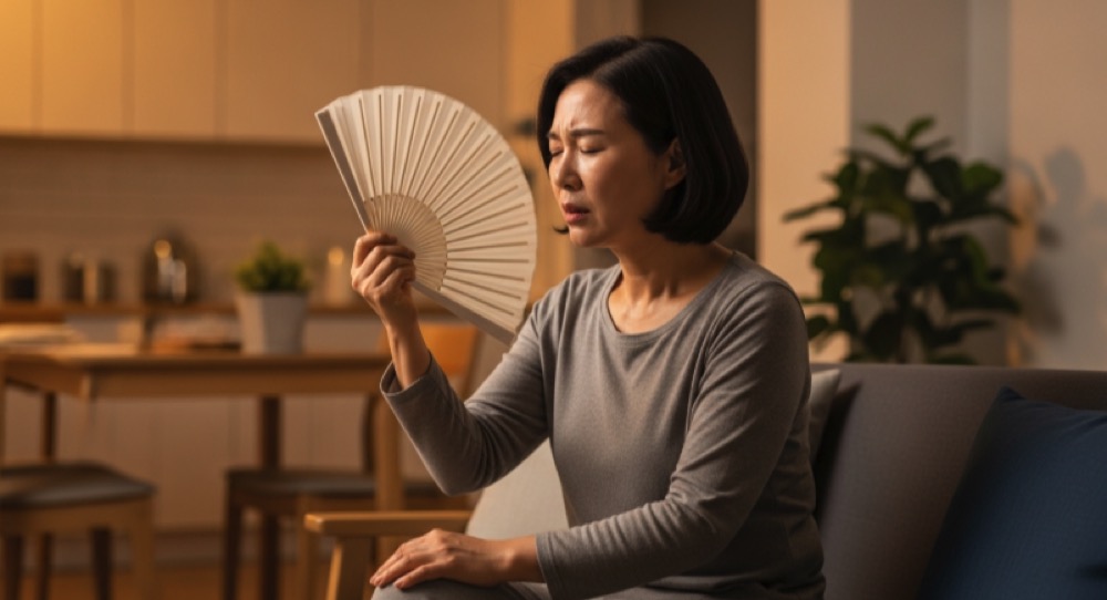 얼굴과 상체에 열이 오르며 불편함을 느끼는 모습