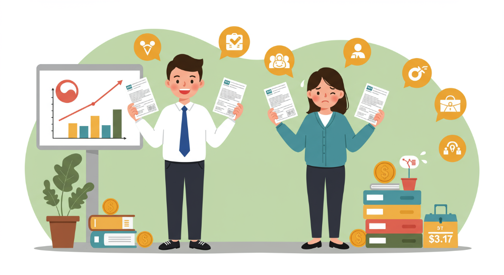 직장가입자와 지역가입자의 건강보험료 부담 차이를 보여주는 일러스트. 직장인은 웃고 있고 지역가입자는 고지서를 보며 고민하는 모습, 피부양자 등록 여부와 보험료 산정 방식 차이를 시각적으로 나타냄.