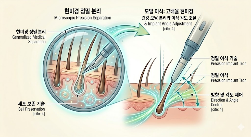 고배율 현미경을 통해 건강한 모낭을 분리하고 이식 각도를 조절하는 최신 기술 인포그래픽 (An infographic of the latest technology separating healthy follicles through a high-magnification microscope and adjusting the transplant angle.)