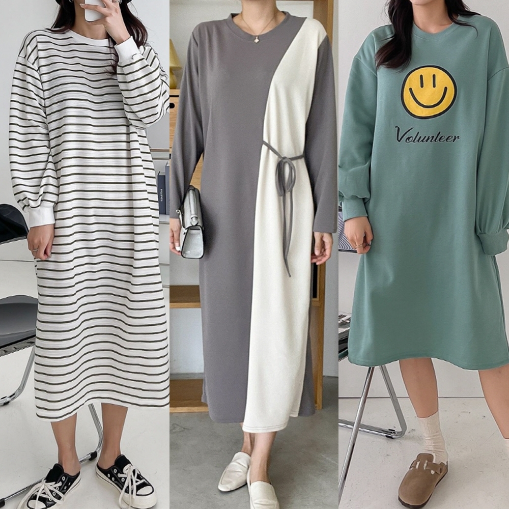 가을원피스 겨울 기모 루즈핏 니트 맨투맨 카라 롱원피스 홈원피스 맘룩 엄마등원룩