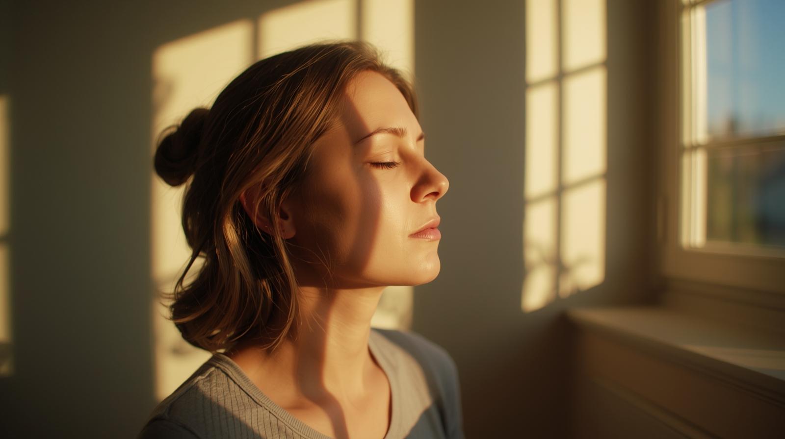 아침 햇살 속에서 깊게 호흡하는 사람의 모습