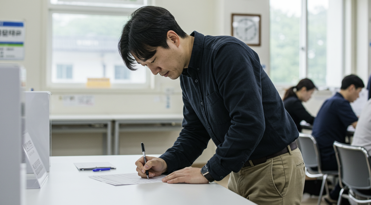 A Korean man filling out an application form at a Korean civic centre