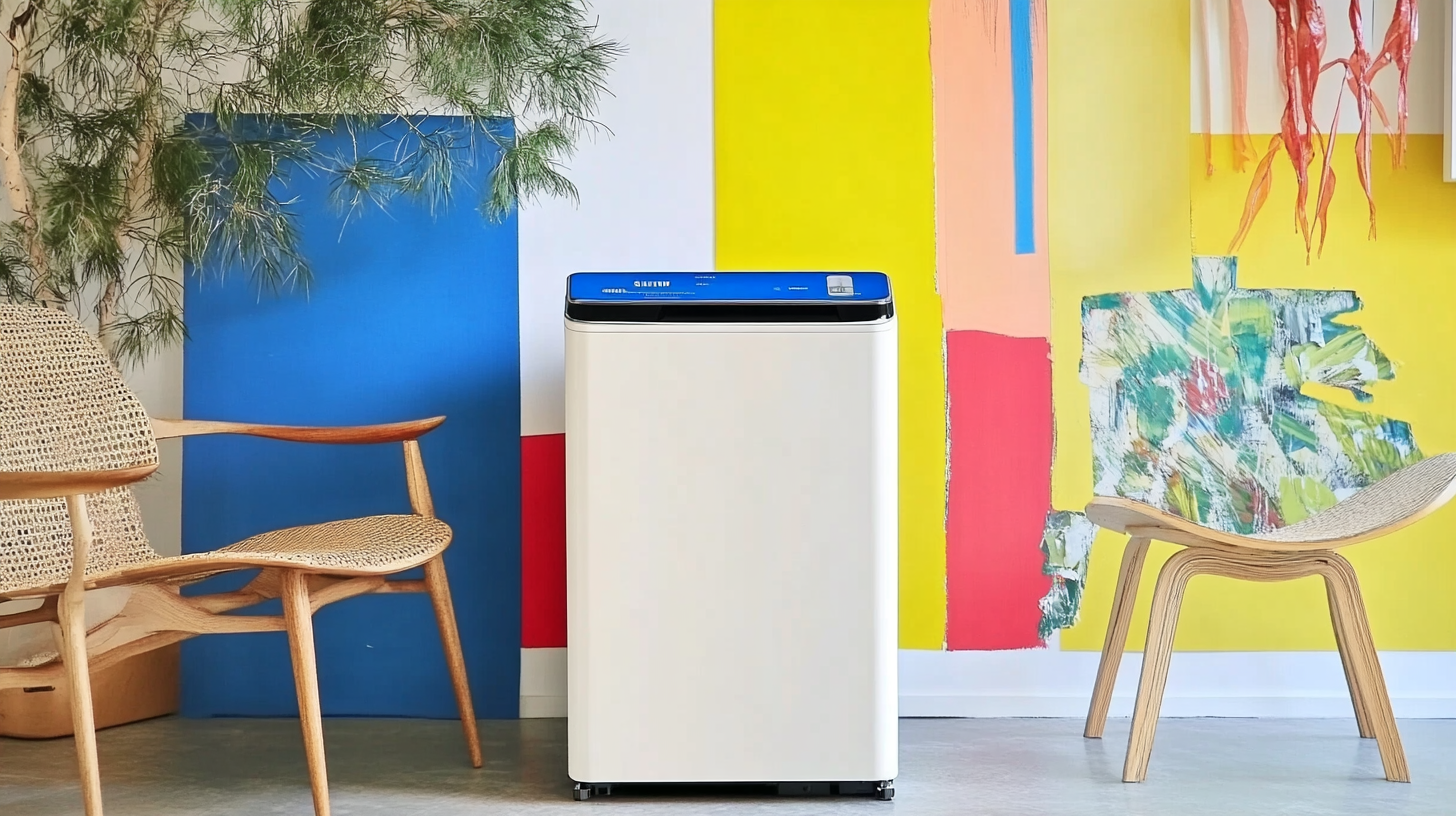 삼성의 듀얼 DD모터가 장착된 통돌이 세탁기의 측면이 강조되어 있으며, 현대 도시 아파트의 작지만 세련된 세탁 공간에 적합한 디자인을 보여주는 장면