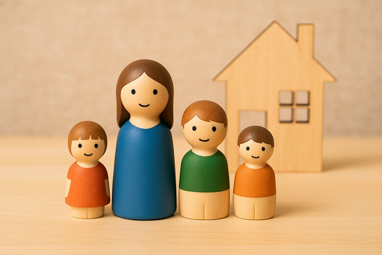 목각 인형 형태의 엄마와 세 자녀, 나무 집 모형이 배경에 놓인 따뜻한 가족 이미지