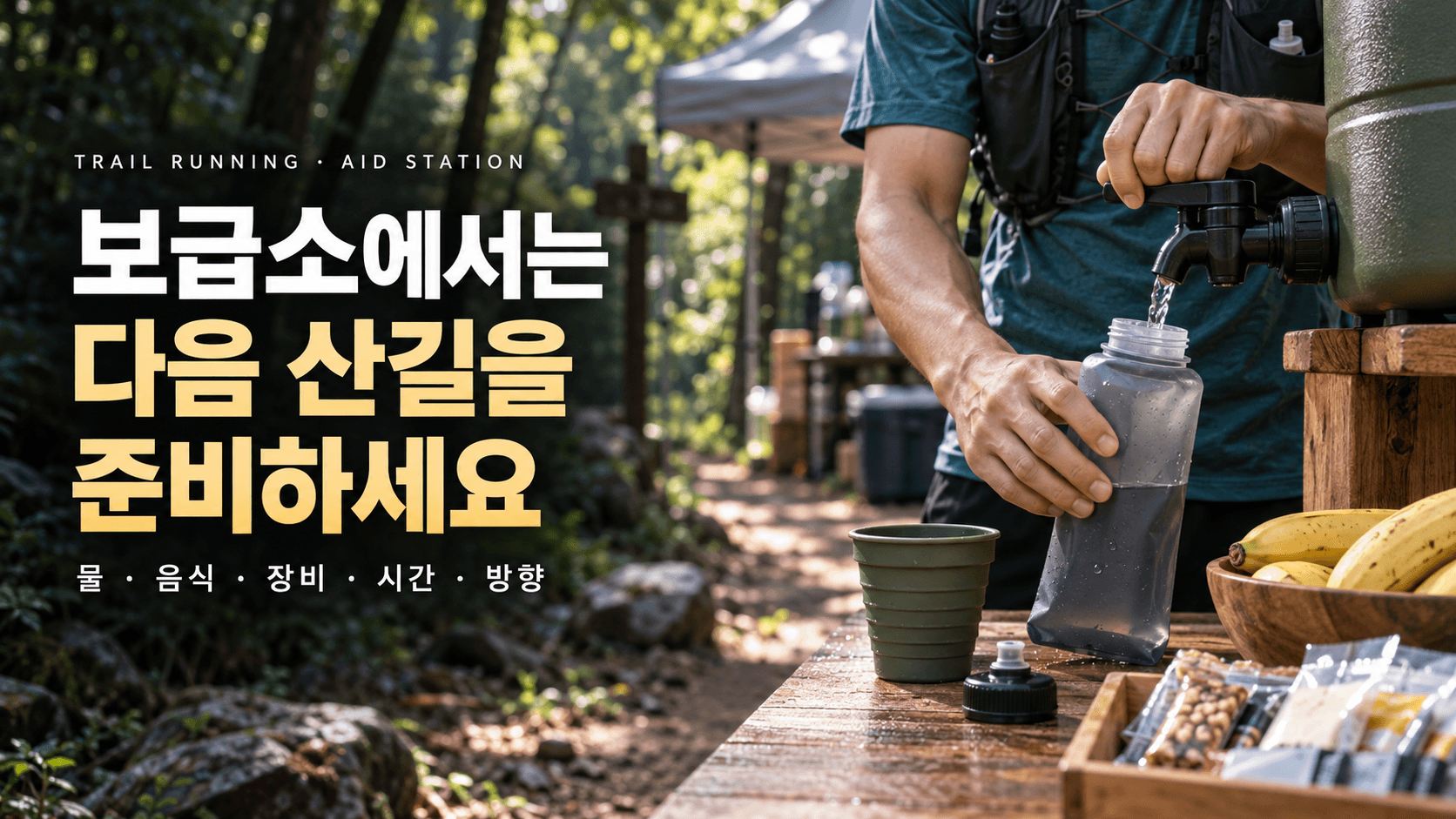 숲속 보급소에서 러너가 물통을 채우는 모습과 개인 컵·보급식, ‘보급소에서는 다음 산길을 준비하세요’라는 제목, 물·음식·장비·시간·방향 문구가 담긴 이미지