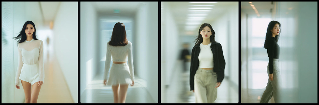 밝은 복도에서 걷는 인물의 선명한 피사체와 방향성 있는 모션 블러 배경이 적용된 트래킹 포커스 이미지_Midjourney