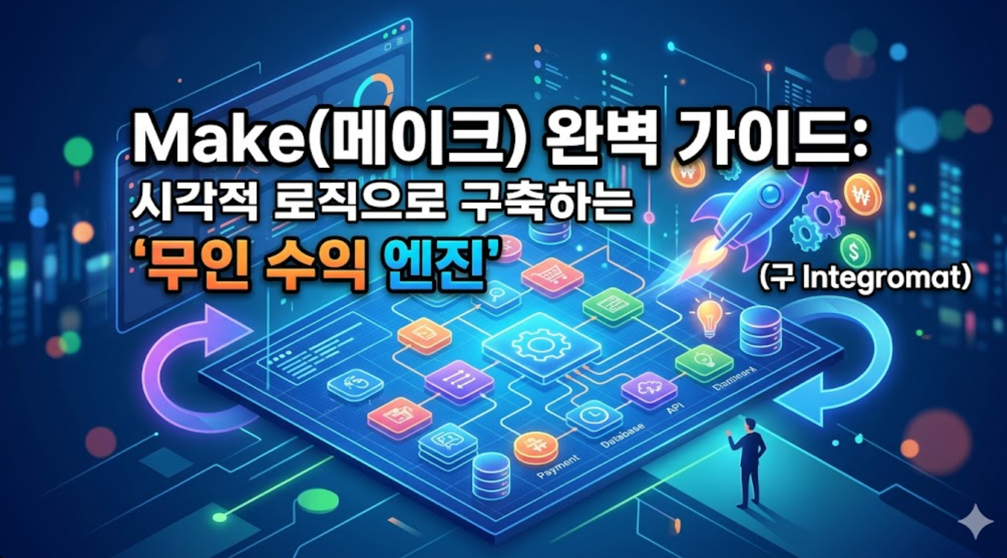 미래지향적인 블루 및 퍼플 톤의 디지털 공간을 배경으로, 메이크(Make, 구 Integromat) 플랫폼을 활용한 노코드 자동화 시스템이 시각적인 흐름도로 표현된 일러스트레이션. 중앙에는 다양한 데이터 모듈(쇼핑카트, 전구, 시계 등)이 유기적으로 연결된 시나리오 맵이 있으며, 이로부터 돈(₩, $) 기호와 로켓이 솟아올라 '수익 엔진'을 형상화한다. 왼쪽 상단에는 "Make(메이크) 완벽 가이드: 시각적 로직으로 구축하는 '무인 수익 엔진'"이라는 굵은 한글 텍스트가 명시되어 있고, 오른쪽 하단에는 한 남성이 이 시스템을 바라보고 있다.