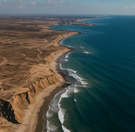 해안선의 변화되는 모습과 멀리 보이는 항로의 모습