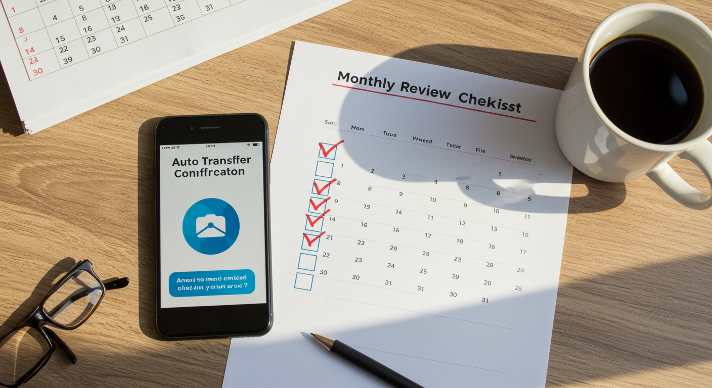 은행 자동이체 확인 화면의 스마트폰과 체크 표시된 월간 체크리스트, 달력과 머그컵