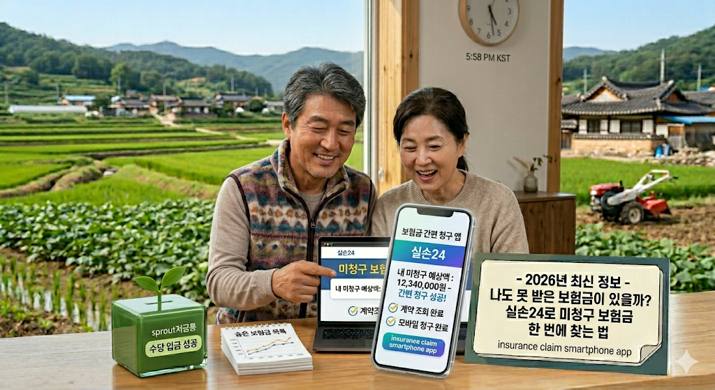 "2026년 실손24 앱을 이용한 미청구 보험금 찾기 가이드 이미지. 평화로운 농촌 풍경이 보이는 창가에서 중장년 부부가 스마트폰 화면 속 '실손24' 앱의 간편 청구 성공 메시지를 보며 기뻐하고 있음. 스마트폰에는 'insurance claim smartphone app' 문구와 함께 미청구 예상액 1,234만 원이 표시되어 있고, 옆에는 숨은 보험금 목록 장부와 새싹 저금통이 놓여 있음. 나도 모르게 잠자고 있는 보험금을 한 번에 찾는 방법을 설명하는 정직한 다자녀 아빠의 블로그 메인 이미지."