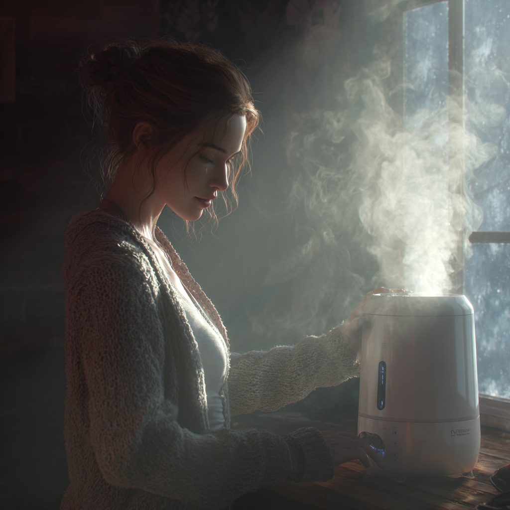 겨울철 면역력을 높이기 위해 가습기를 튼 여성, 실사형 이미지