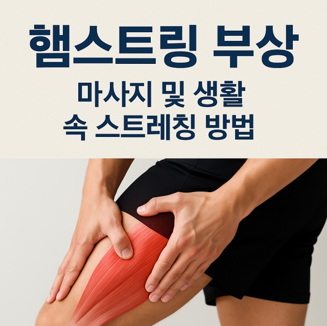 햄스트링 부상 회복을 위한 마사지와 생활 속 스트레칭 방법을 설명하는 이미지