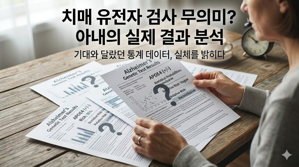아내의 치매 유전자 검사 결과지를 보며 데이터의 무의미함에 실망하는 보호자의 모습과 결과 분석 텍스트가 담긴 썸네일