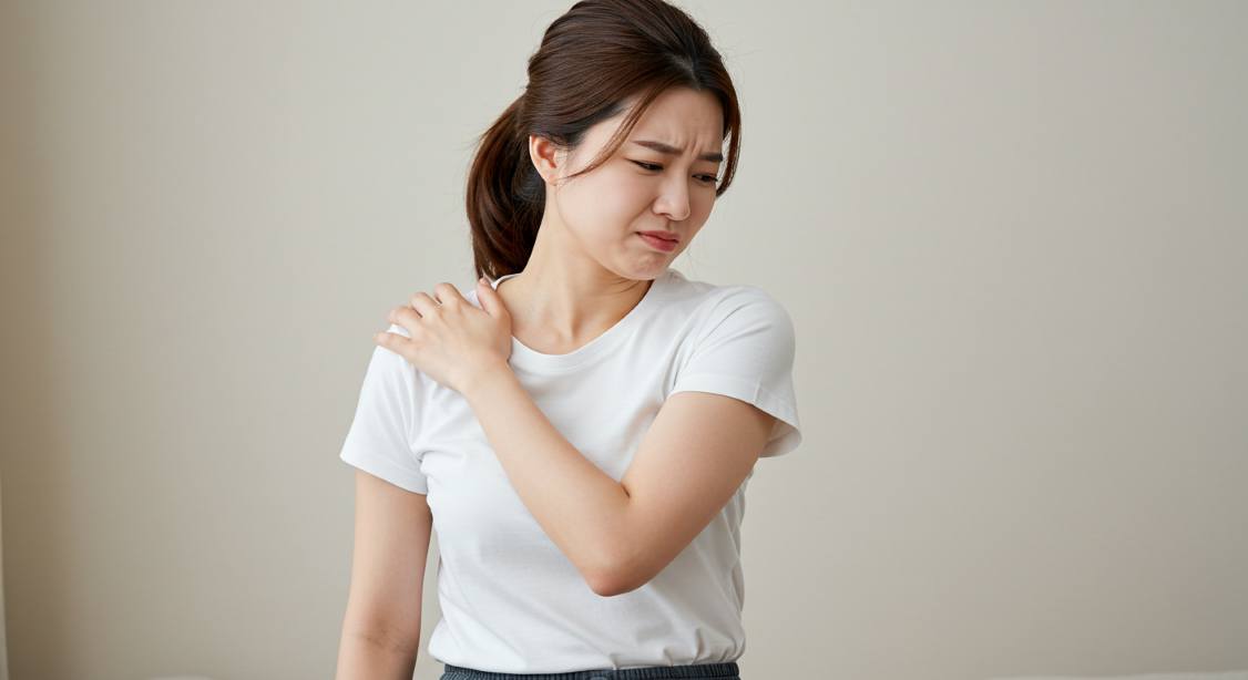 한국여성이 어깨에 통증을 느껴 한 손으로 어깨를 쥐고 있는 모습