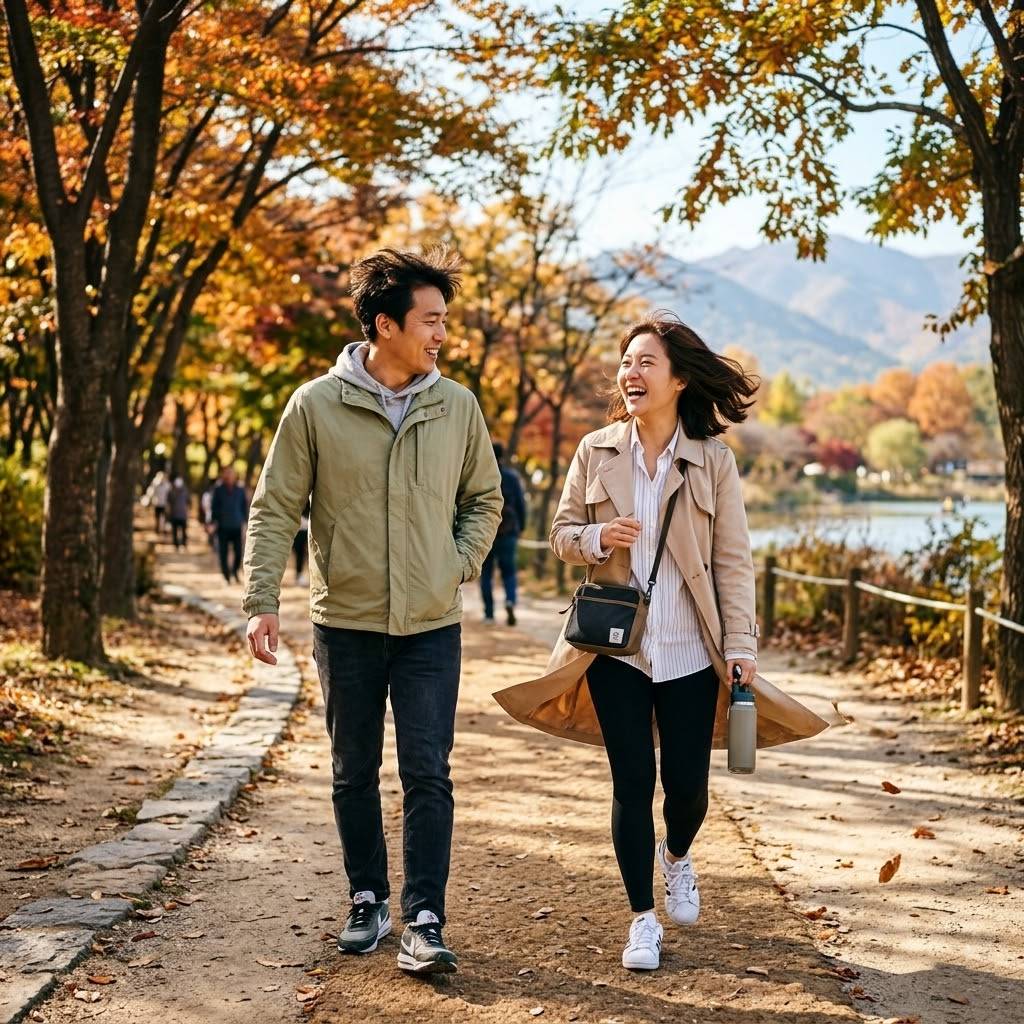 따스한 햇살과 차가운 바람이 공존하는 풍경 속에서 가벼운 외투를 걸치고 산책하는 한국인 남녀의 활기찬 모습