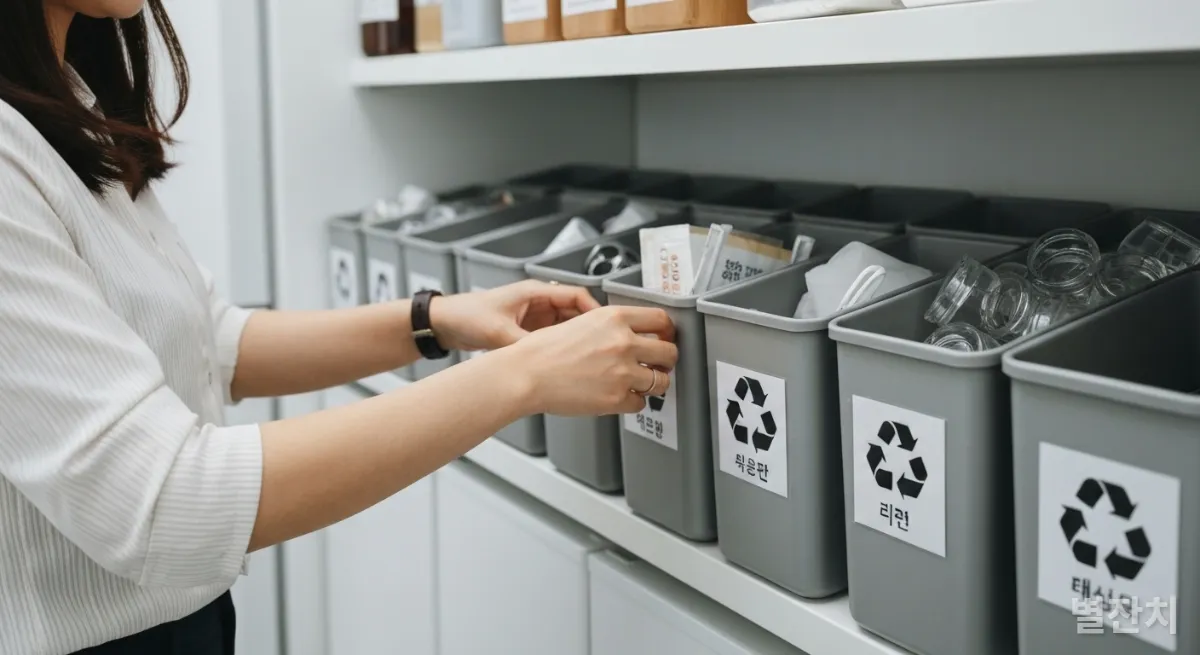 한국인 여성이 사무실에서 재활용품을 분류하는 모습
