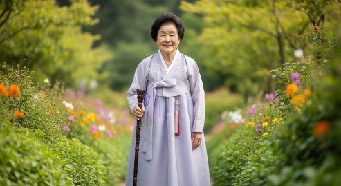 지팡이를 짚고 걸어가는 어르신