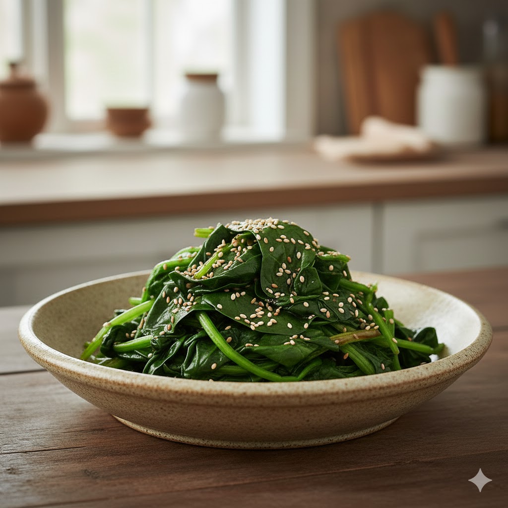 끓는 물에 살짝 데쳐 선명한 초록빛을 띠는, 참기름과 깨를 넣어 조물조물 무친 고소한 시금치나물