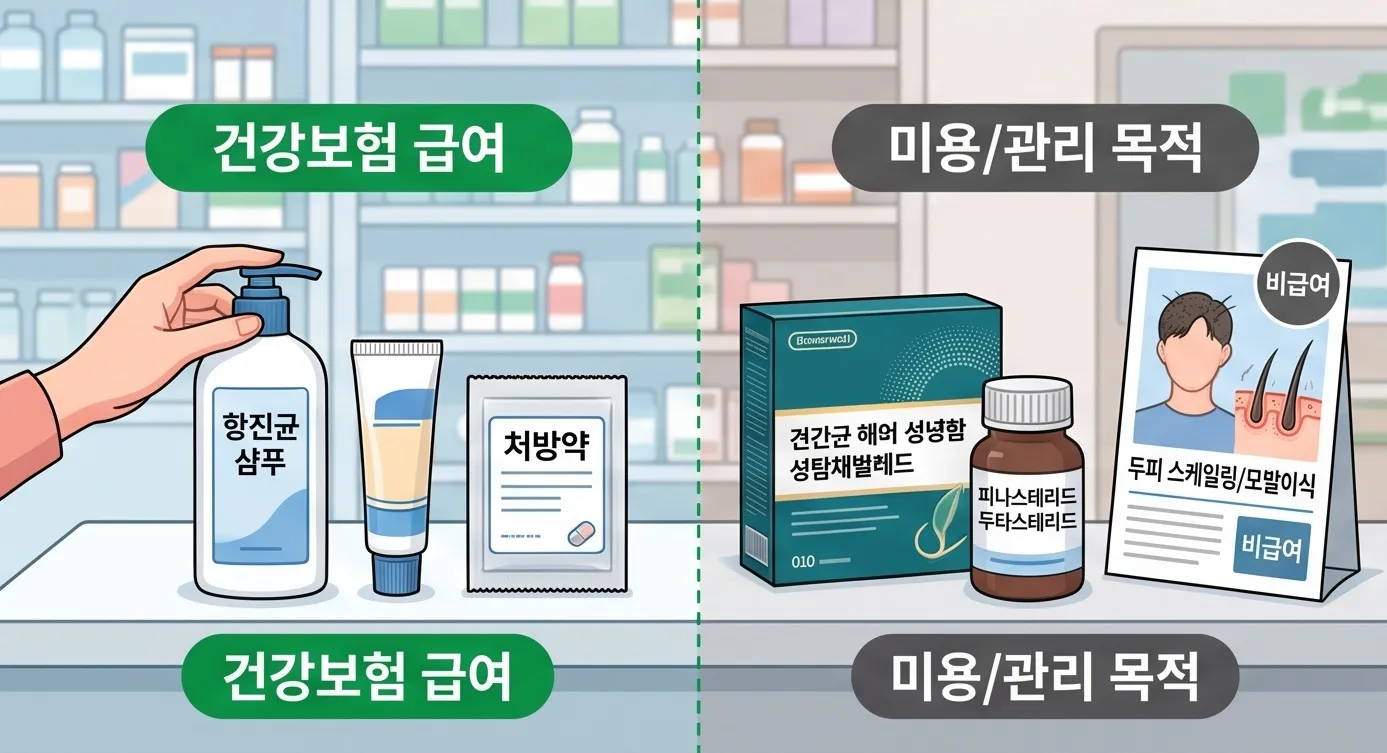건강보험 급여 항목인 항진균 샴푸·처방약과 비급여 미용/관리 항목인 탈모약·두피 스케일링 비교