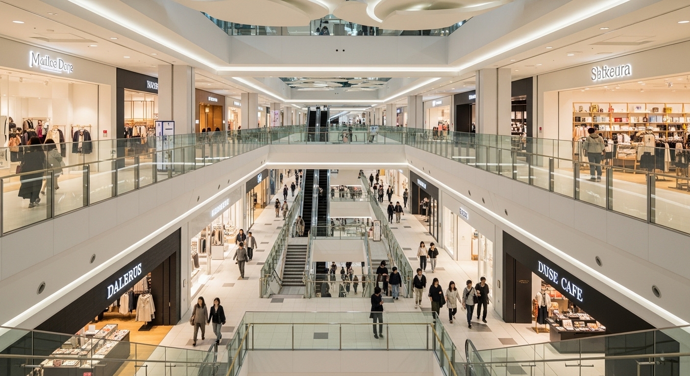 후쿠오카 텐진 지하상가의 활기찬 모습. 다양한 상점과 쇼핑객들로 북적이는 현대적인 지하 쇼핑 공간이다.