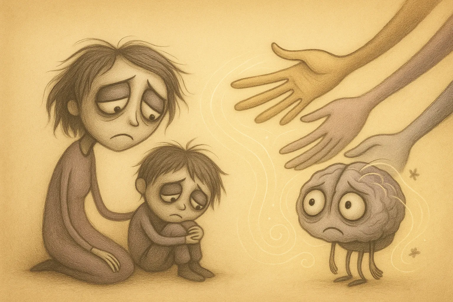 지친 가족 구성원을 따뜻하게 감싸는 지지의 손길을 표현한 팀 버튼 스타일의 감정 일러스트, 문자 없이 연결과 위로의 메시지를 시각적으로 전달