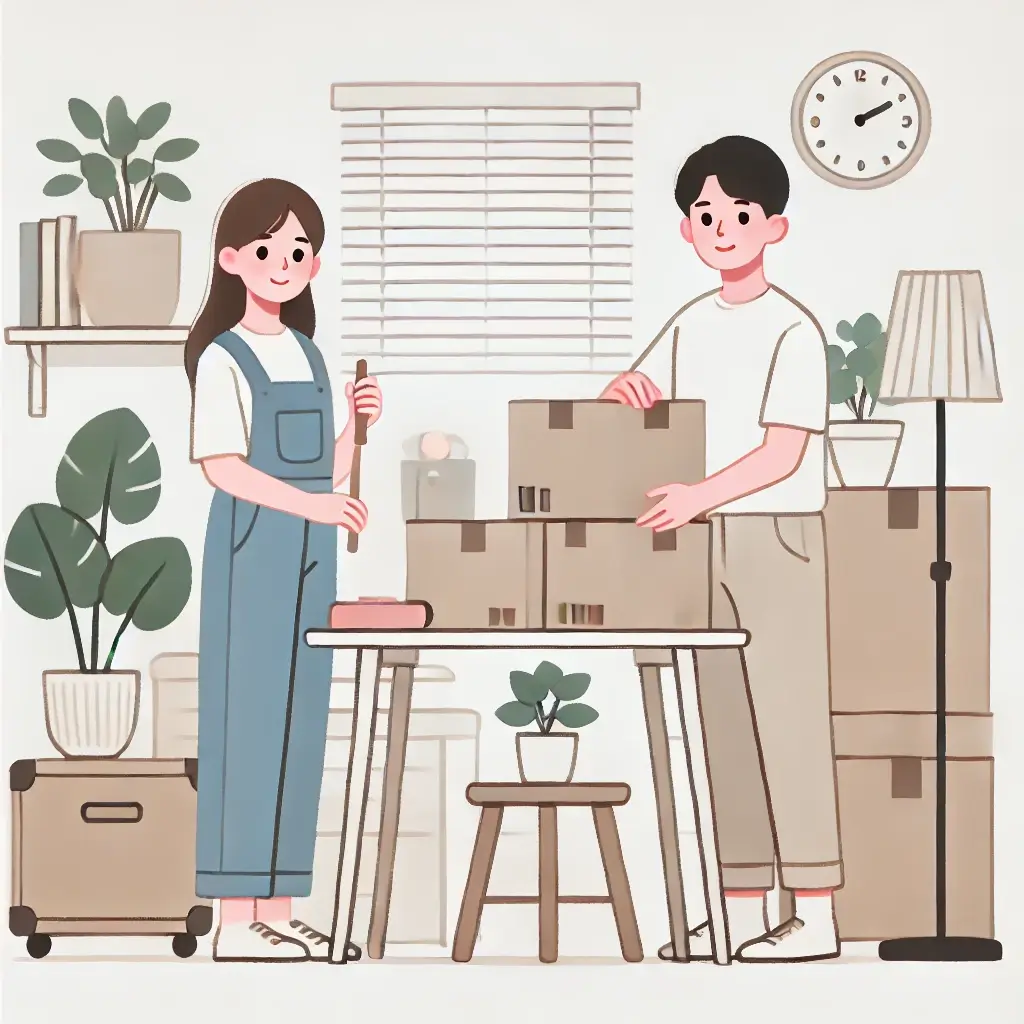 새 집에서 짐을 정리하는 부부.