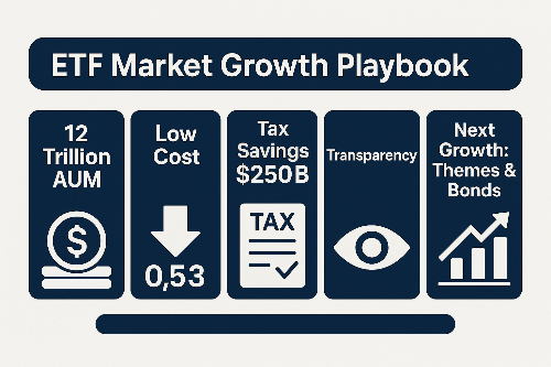 Infographic showing ETF market growth drivers including cost tax transparency and themes