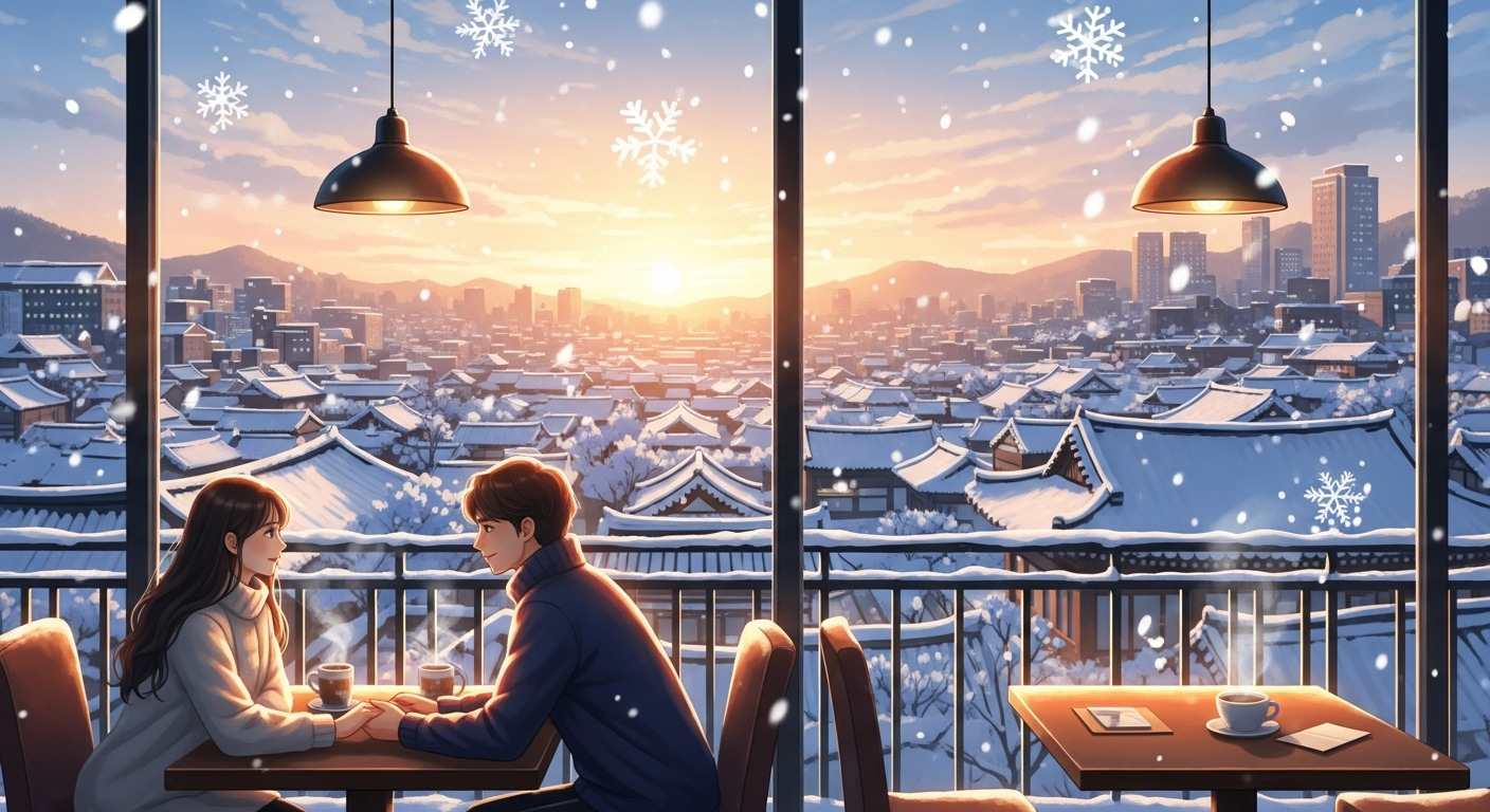 눈내리는 전경이 보이는 카페에서 데이트하는 연인