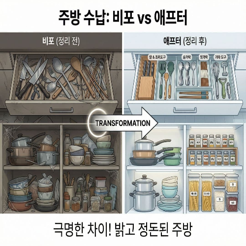 주방 수납 시스템, 서랍&middot;선반 정리로 찾기 쉽고 꺼내기 편하게