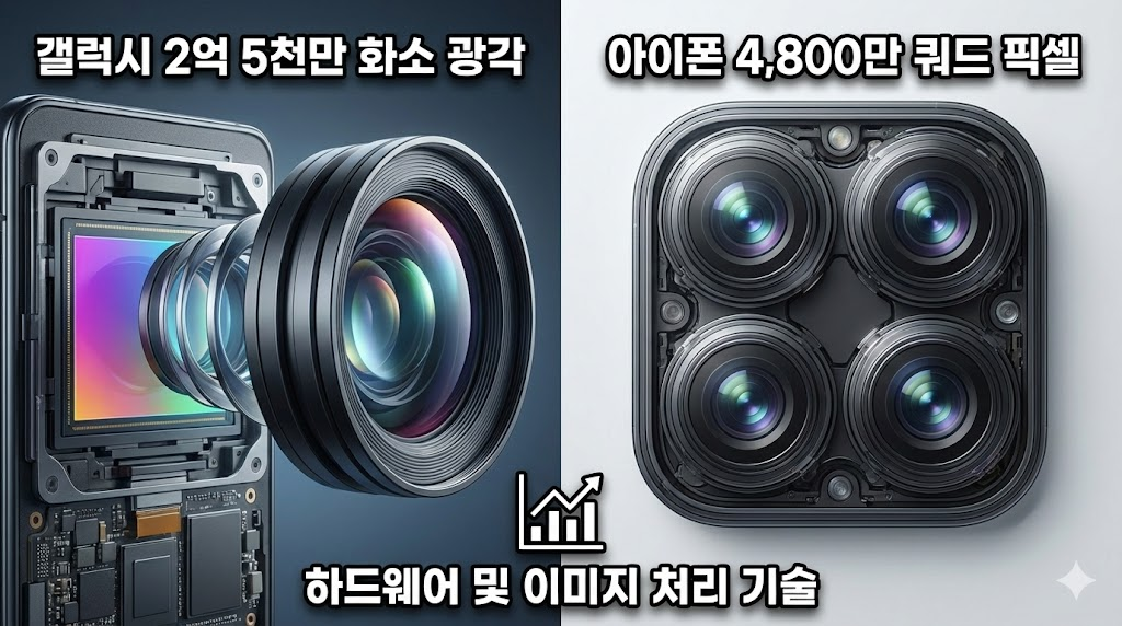 두 플래그십 모델의 카메라 광학 렌즈 구조를 상세히 묘사한 고해상도 디자인
