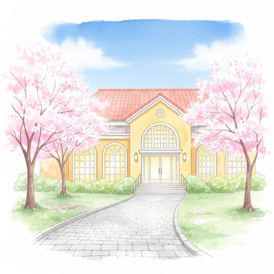 벚꽃 나무가 서 있는 친근한 관공서 건물 풍경