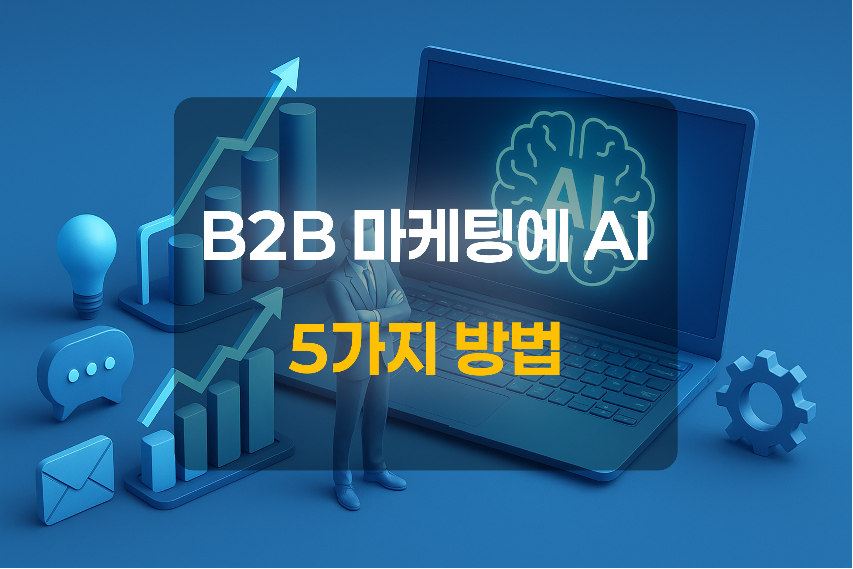 B2B 마케팅을 설명하는 노트북, 그래프, 이메일, 챗봇, 사람을 이미지화 한 그림과 이를 설명하는 텍스트