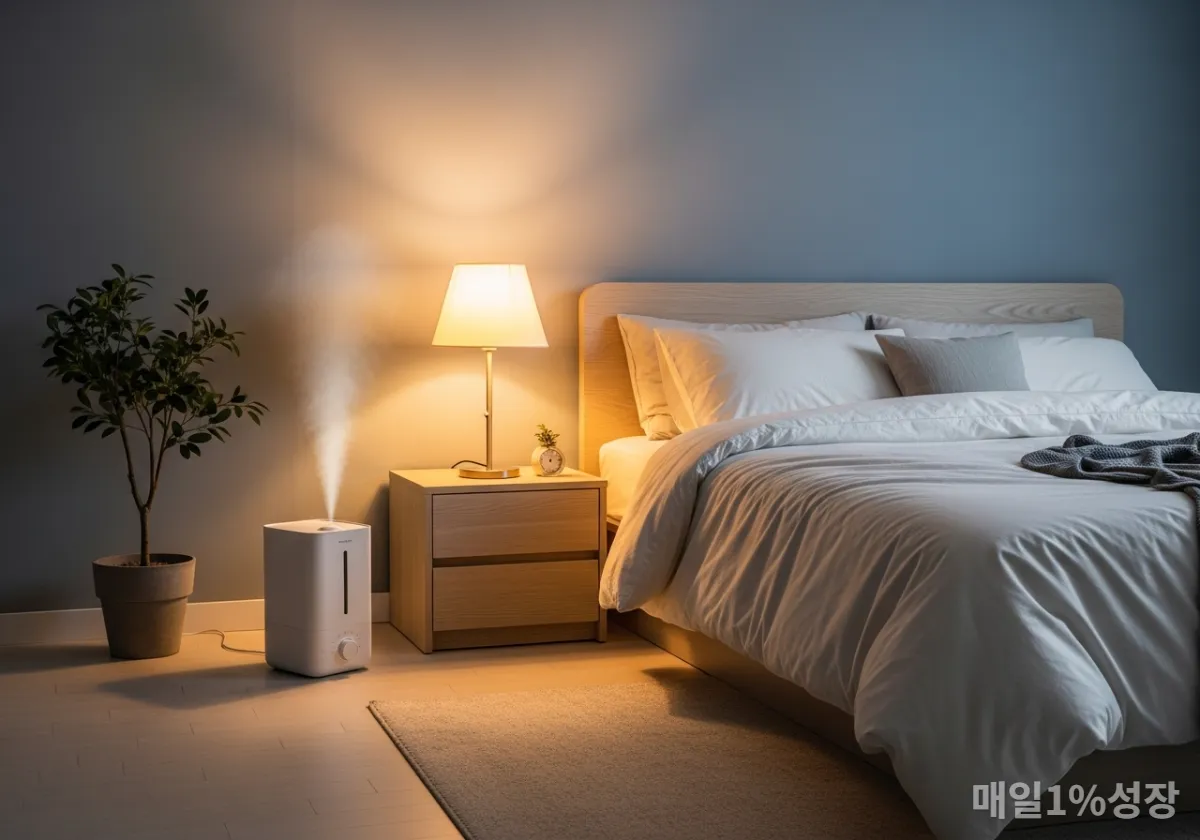 가습기와 따뜻한 조명이 있는 한국 아파트의 아늑한 침실 수면 환경