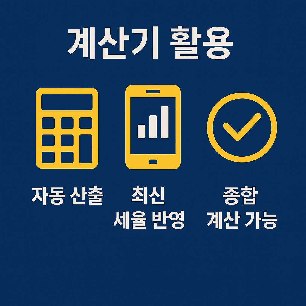 부동산 취득세 계산기 사용법을 설명하는 인포그래픽으로, 자동 산출 기능, 최신 세율 반영, 종합 계산 가능 등 실무에 유용한 기능을 소개합니다.