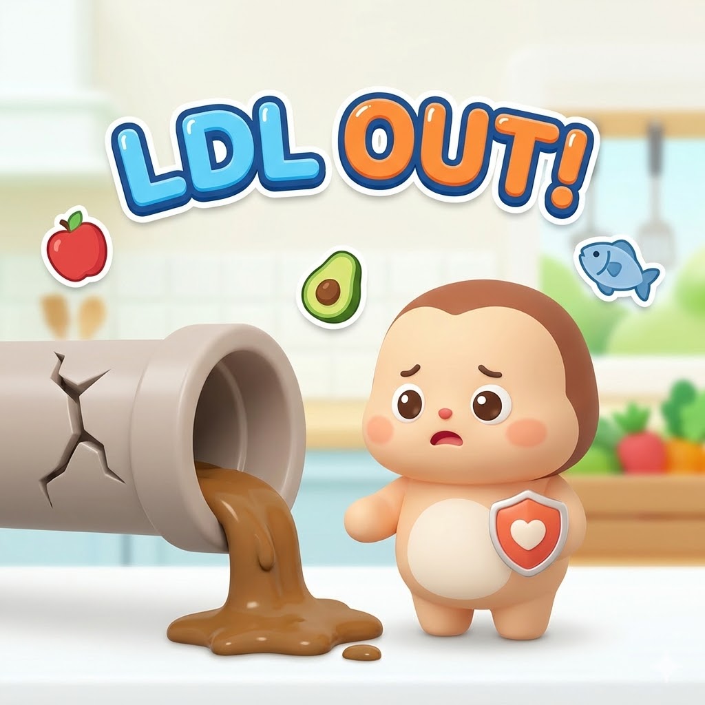 귀여운 캐릭터가 막힌 혈관을 보며 LDL 콜레스테롤의 위험성을 인지하고, 건강한 식습관으로 이를 관리하려는 모습의 3D 카툰 일러스트.