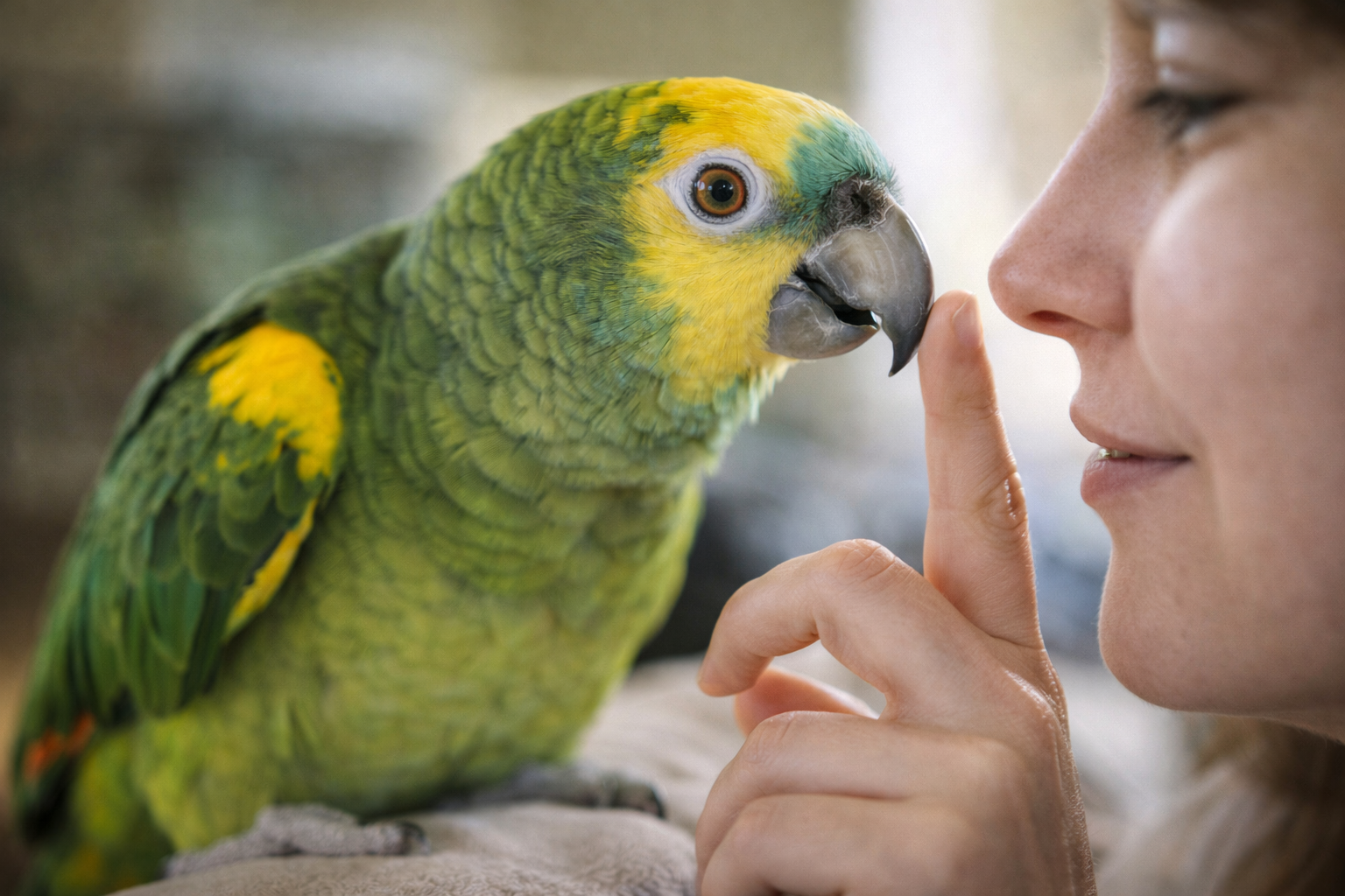 사람과 얼굴과 가까이서 교감하고 있는 앵무새 이미지
