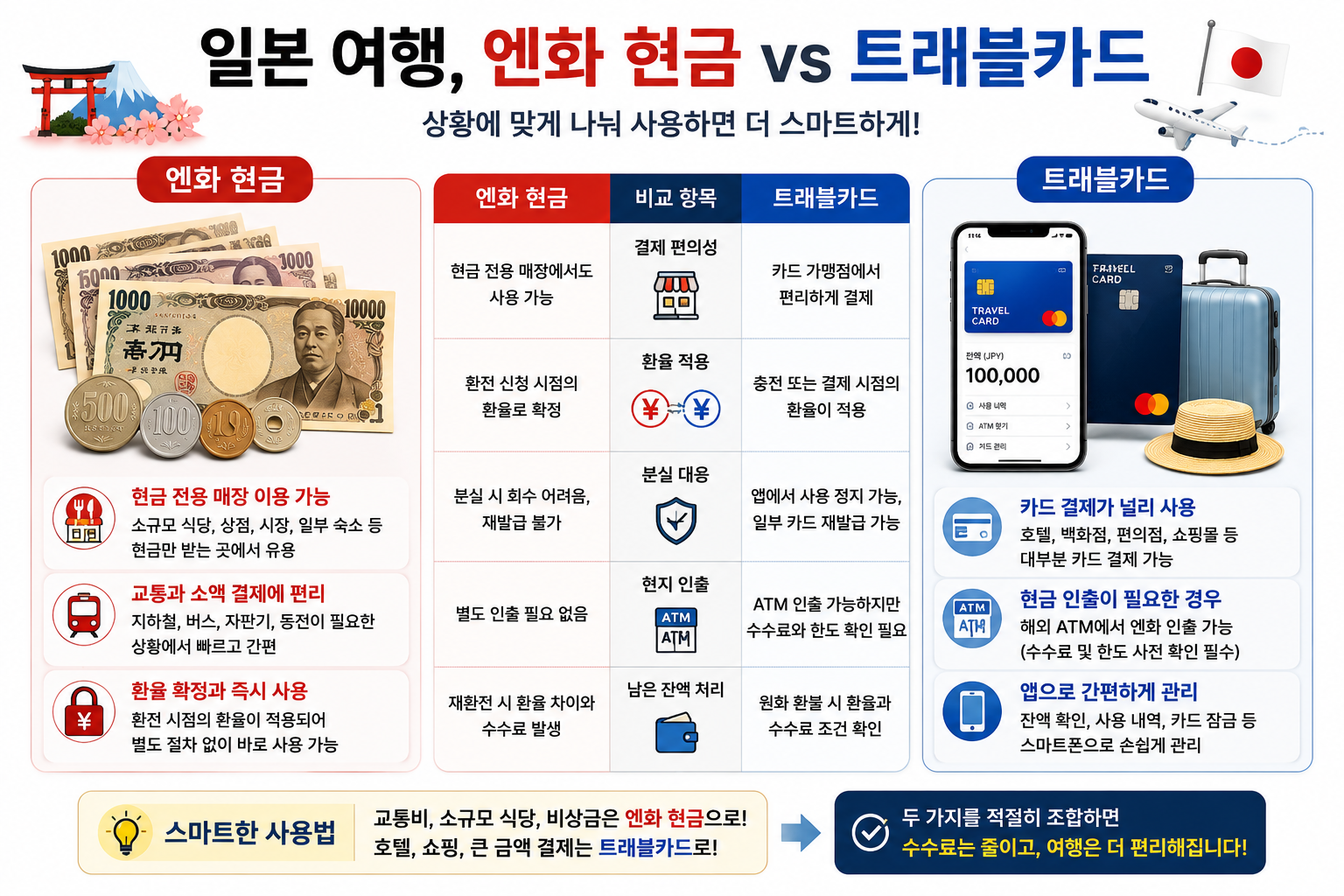 일본 여행에서 엔화 현금 환전과 트래블카드 사용 조건을 비교한 이미지