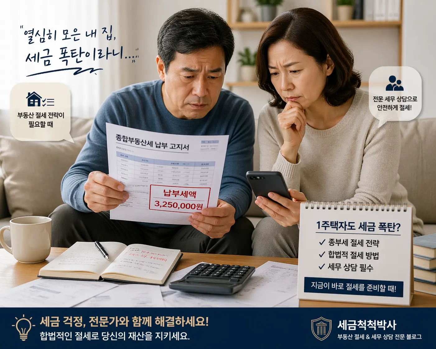 종부세 세금 폭탄을 걱정하스럽게 고지서를 보고있는 중년부부
