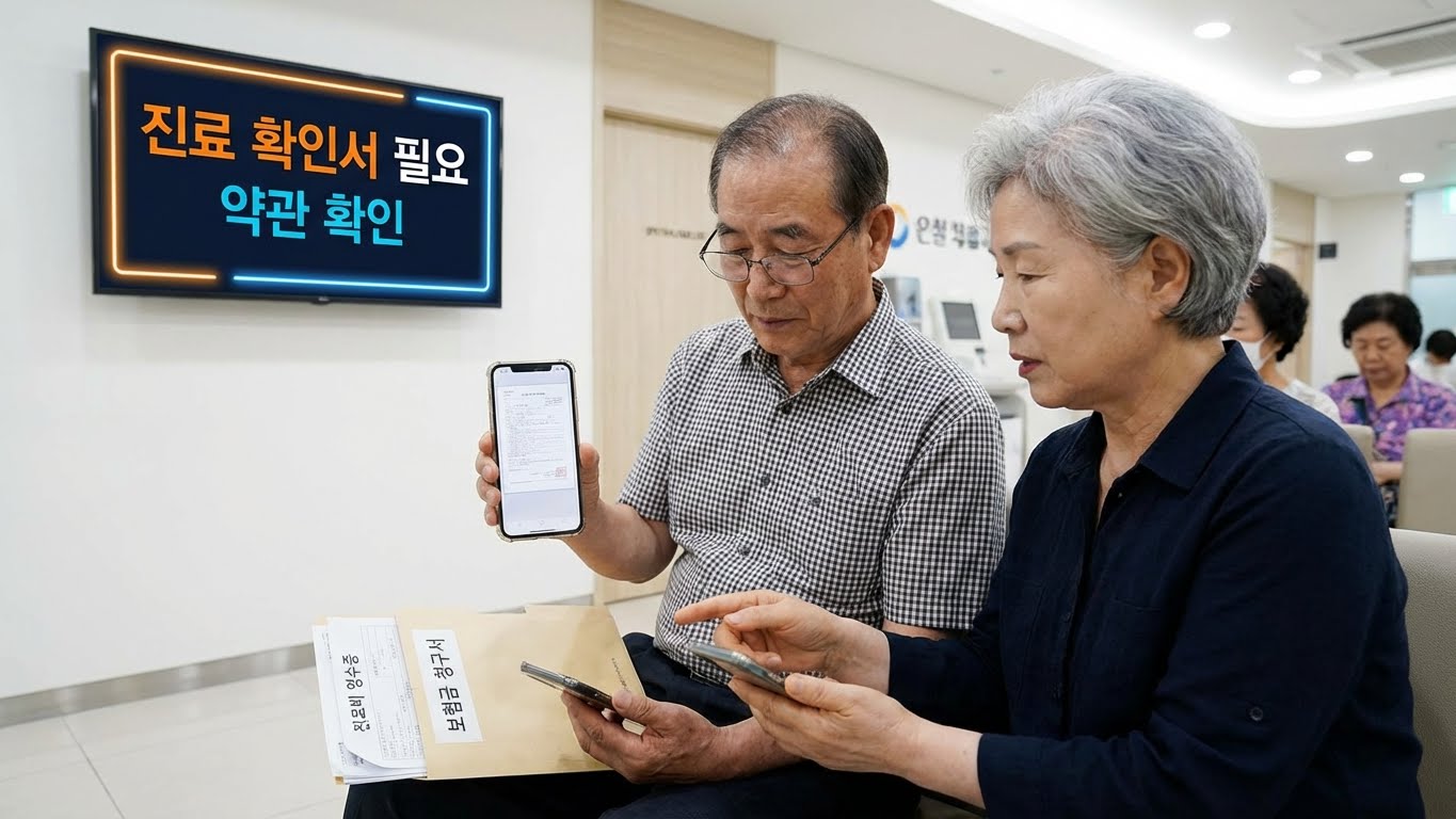 노부부가 안과 대기실에서 스마트폰으로 보험 약관을 확인하며 서류를 챙기는 모습