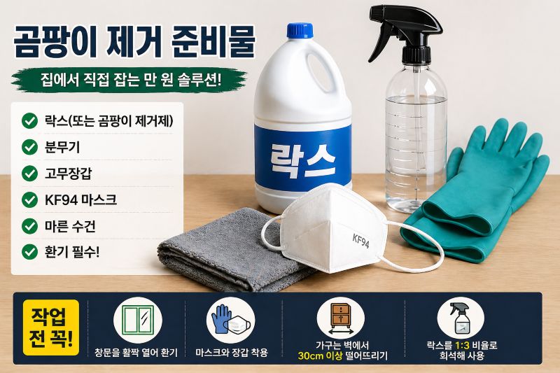 곰팡이 제거를 위한 락스 분무기 고무장갑 마스크 수건 준비물 사진